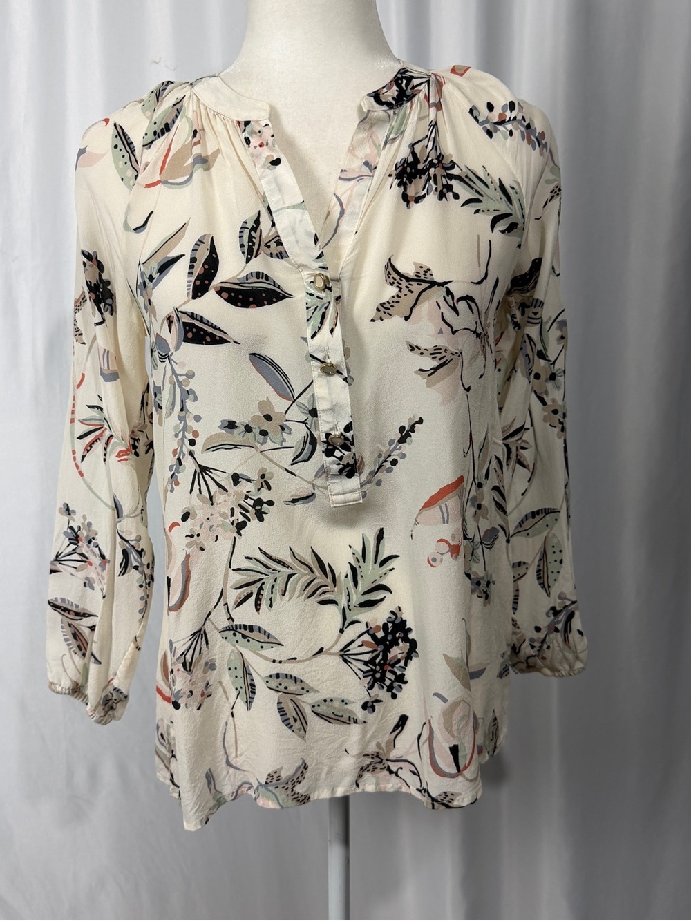 Spartina 449 Cora Silk Blouse City Market Floral Vine Ivory Size XS